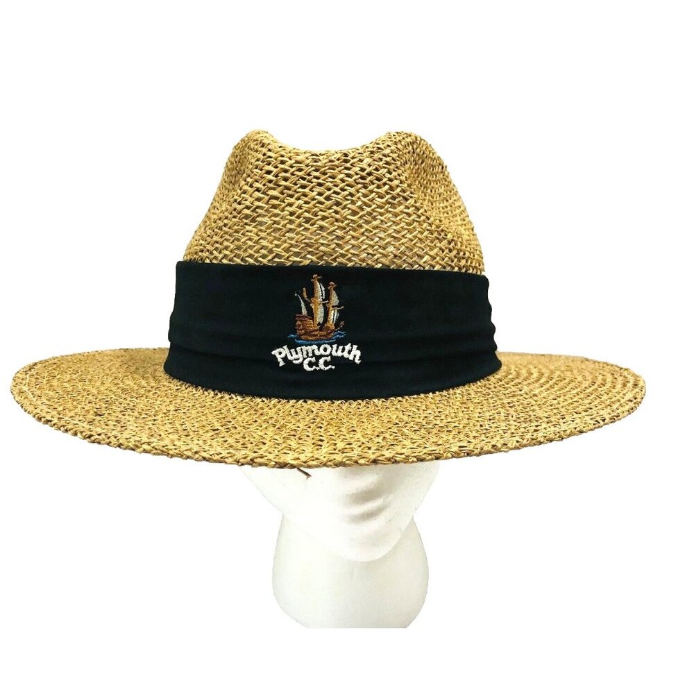 VTG Duckster Panama Straw Fiber Hat OS Embroidered Band Plymouth Country Club MA